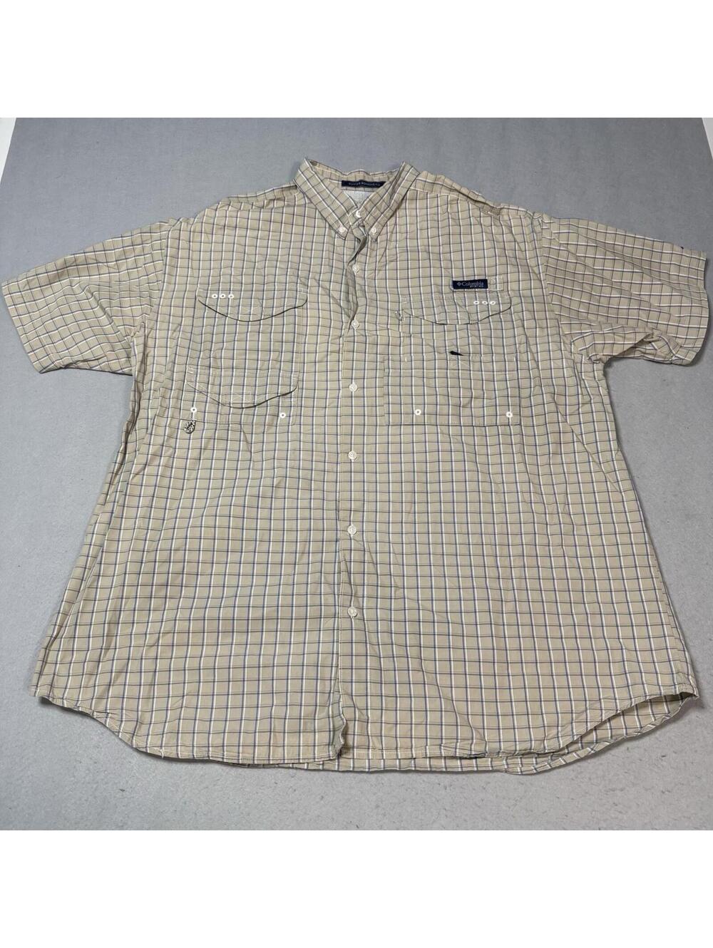 Columbia PFG Super Bonehead Shirt Men’s XL Beige Plaid Omni-Shade Fishing Vented